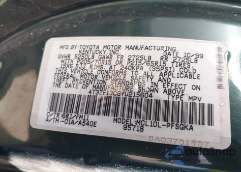 2000 Toyota Sienna Le/Xle z USA, uszkodzony, nr VIN 4T3ZF13C8YU215604